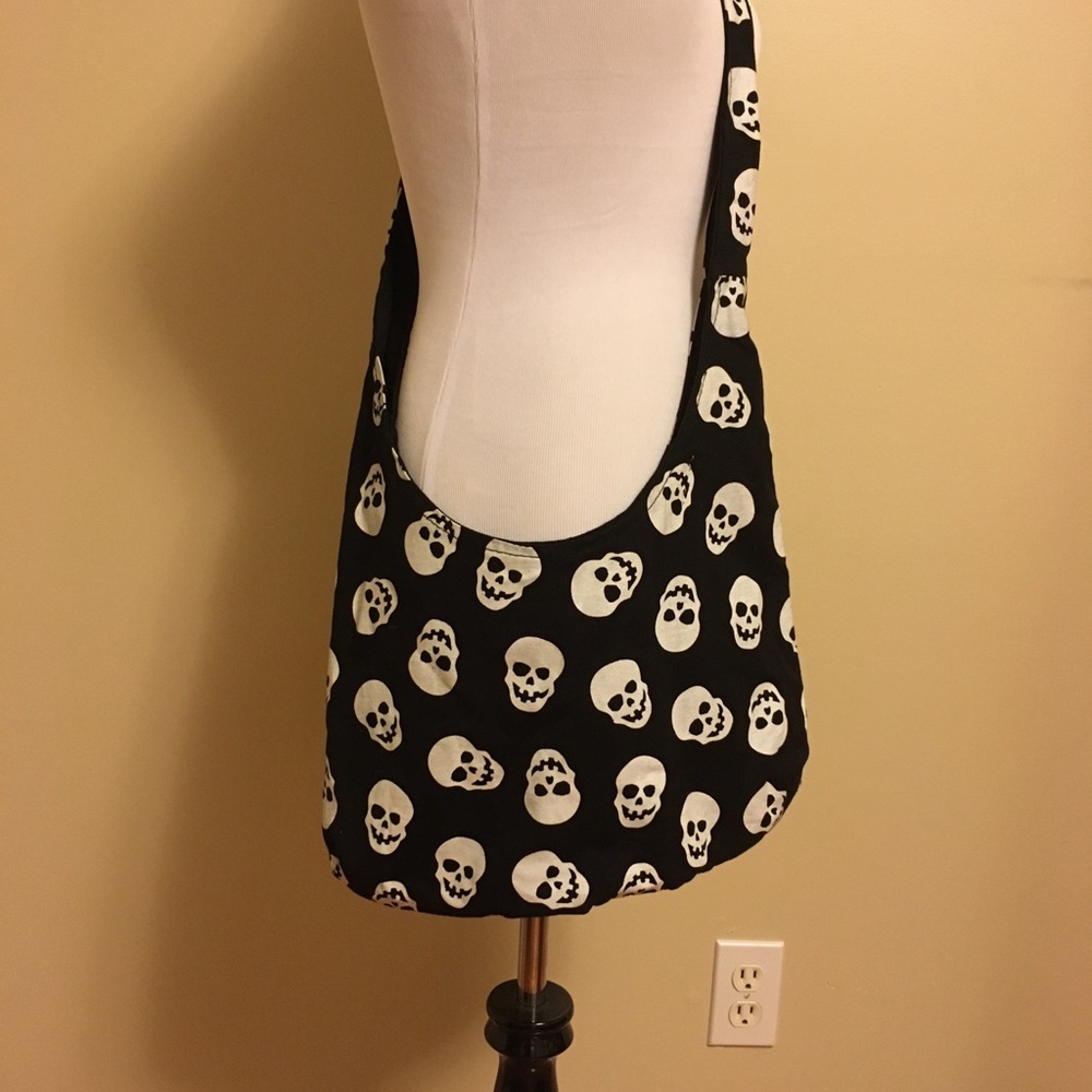 Cotton Crossbody Sling Hobo Bag With Skulls Black